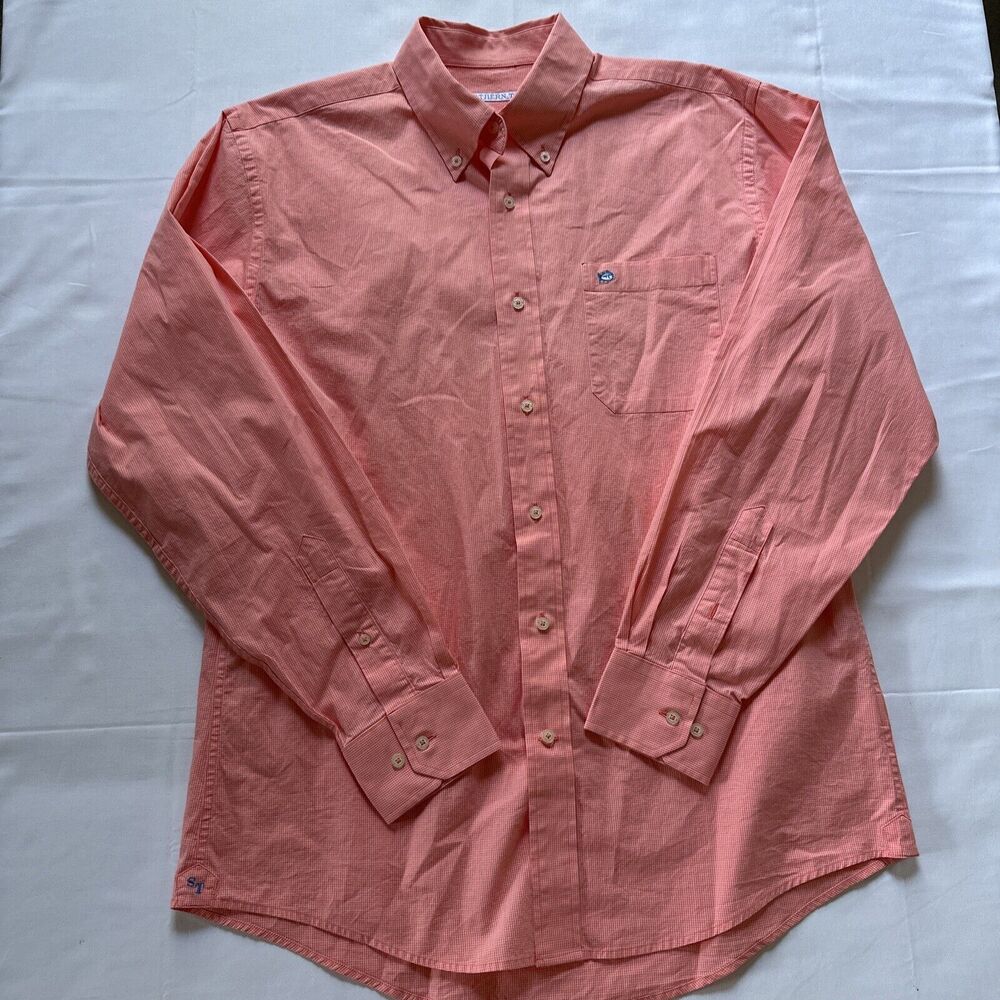 Southern Tide Shirt Mens Medium Coral Peach Graph Button Front Collar Fish